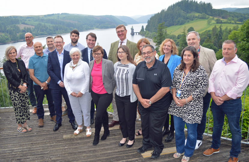 Montgomeryshire MP Craig Williams and Member of the Senedd Russell George with MWT Cymru’s chief executive Val Hawkins, operations manager Zoe Hawkins and representatives of member businesses at Lake Vyrnwy Hotel on Friday.   